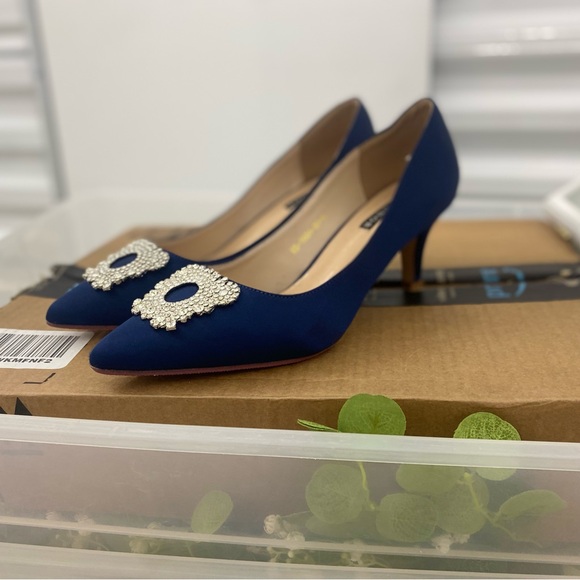 Shoes - Elegant Blue Satin Heels with Embellished Buckle